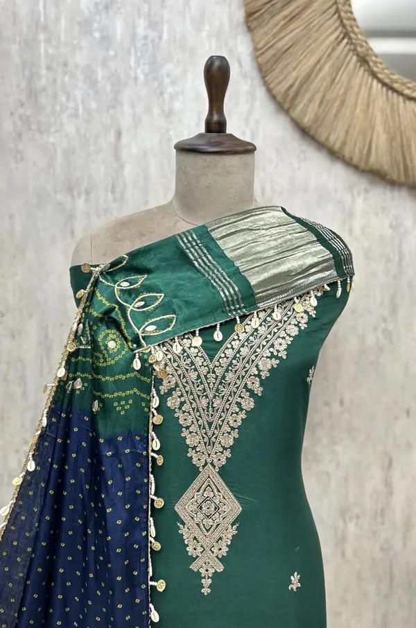 Traditional_Bandhej_Print_Fine_Embroidered_Russian_Silk_Unstitched_Suit_Teal_Green