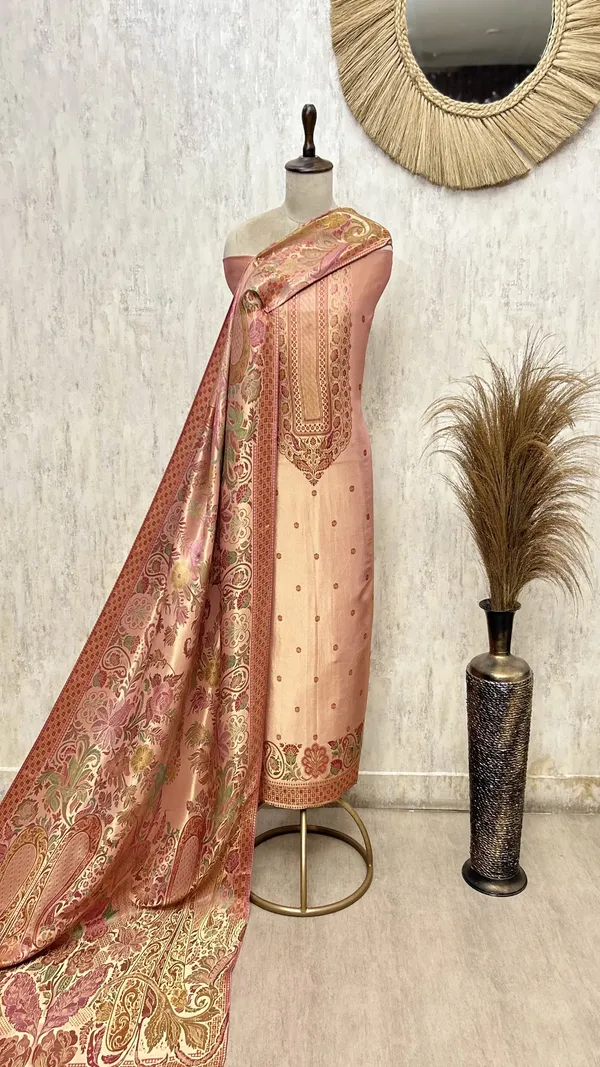 Katan_Silk_Unstitched_Suit_With_Antique_Floral_And_Paisley_Detailing_Rose_Gold