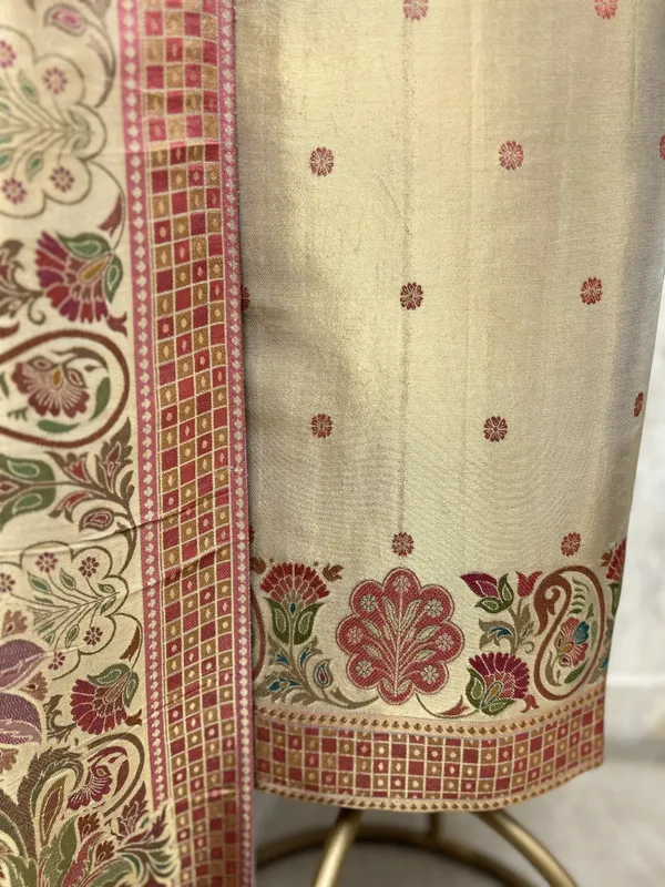 Katan_Silk_Unstitched_Suit_With_Antique_Floral_And_Paisley_Detailing_Golden_Beige