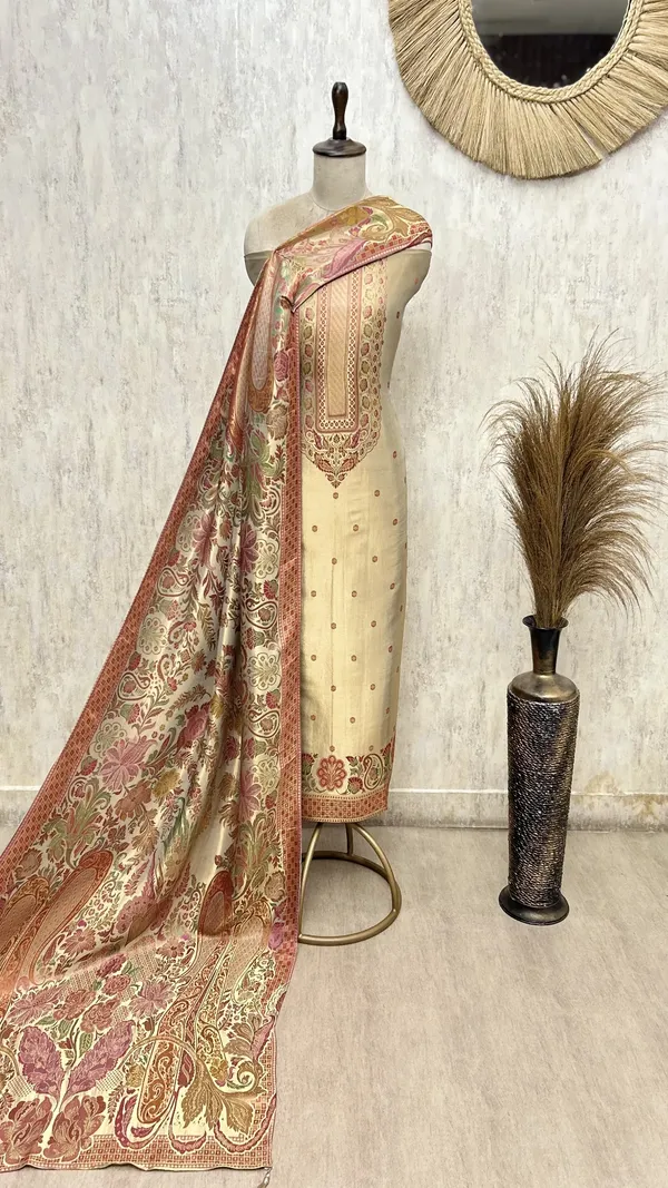 Katan_Silk_Unstitched_Suit_With_Antique_Floral_And_Paisley_Detailing_Golden_Beige