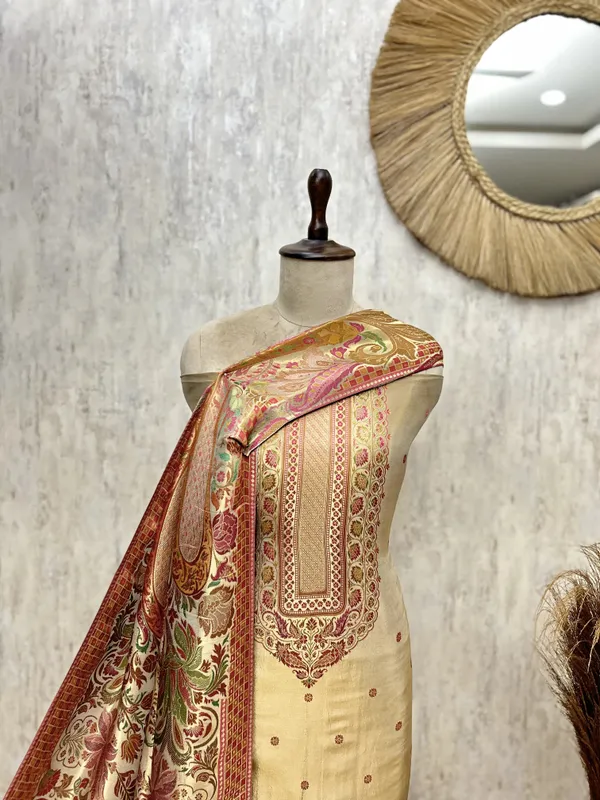 Katan_Silk_Unstitched_Suit_With_Antique_Floral_And_Paisley_Detailing_Golden_Beige