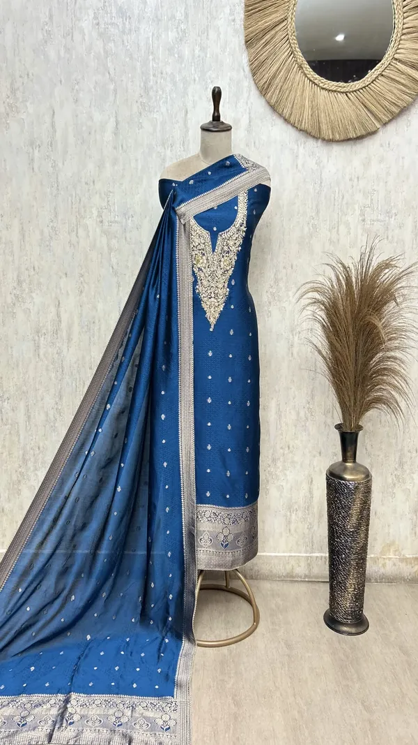 Exquisite_Kanjivaram_Silk_Unstitched_Suit_Indigo_Blue_1