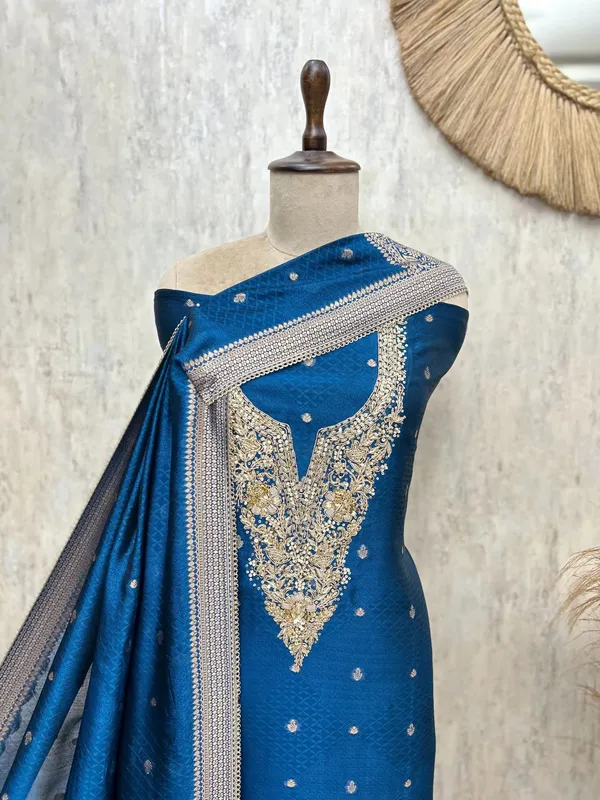Exquisite_Kanjivaram_Silk_Unstitched_Suit_Indigo_Blue_1