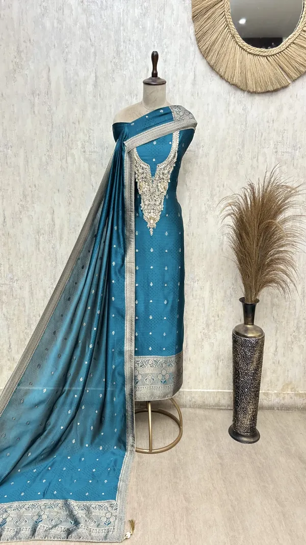 Exquisite_Kanjivaram_Silk_Unstitched_Suit_Teal_Blue