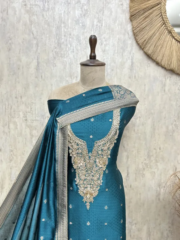 Exquisite_Kanjivaram_Silk_Unstitched_Suit_Teal_Blue