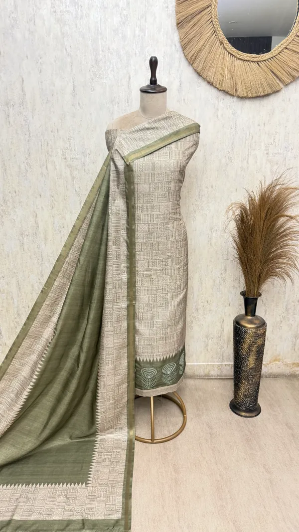 Smooth_Texture_Tussar_Silk_Unstitched_Suits_Metallic_Green