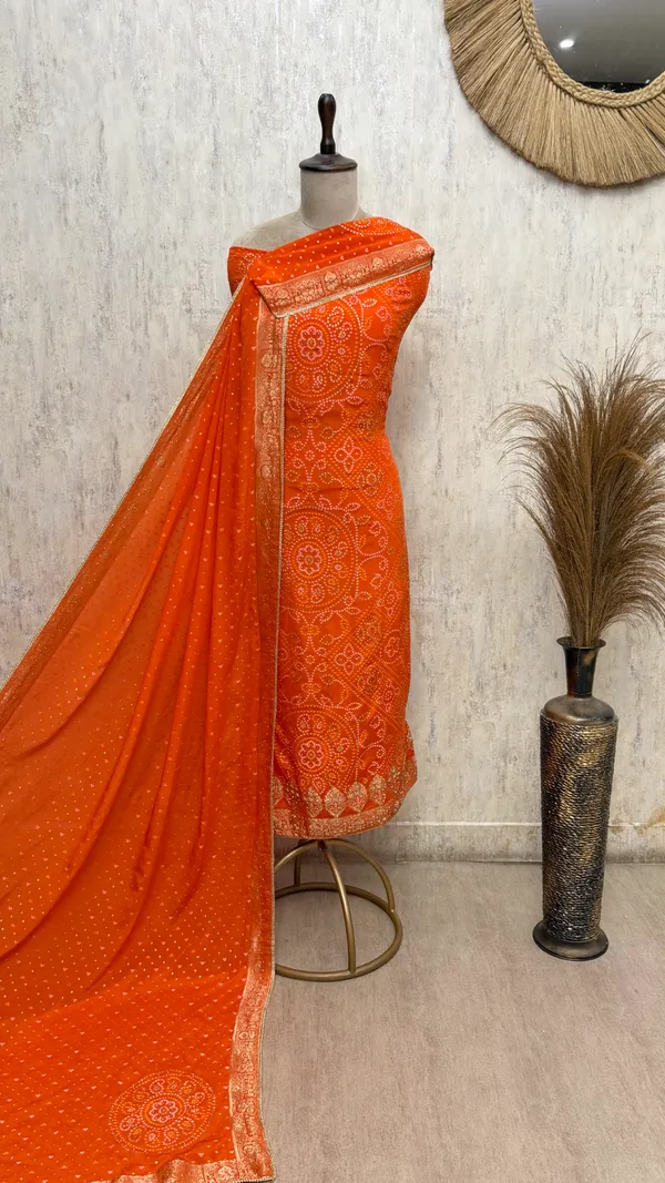Elegant_Bandhani_Chinnon_Unstitched_Suit_Orange