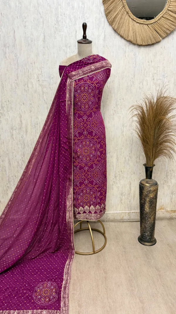 Elegant_Bandhani_Chinnon_Unstitched_Suit_Wine_Purple