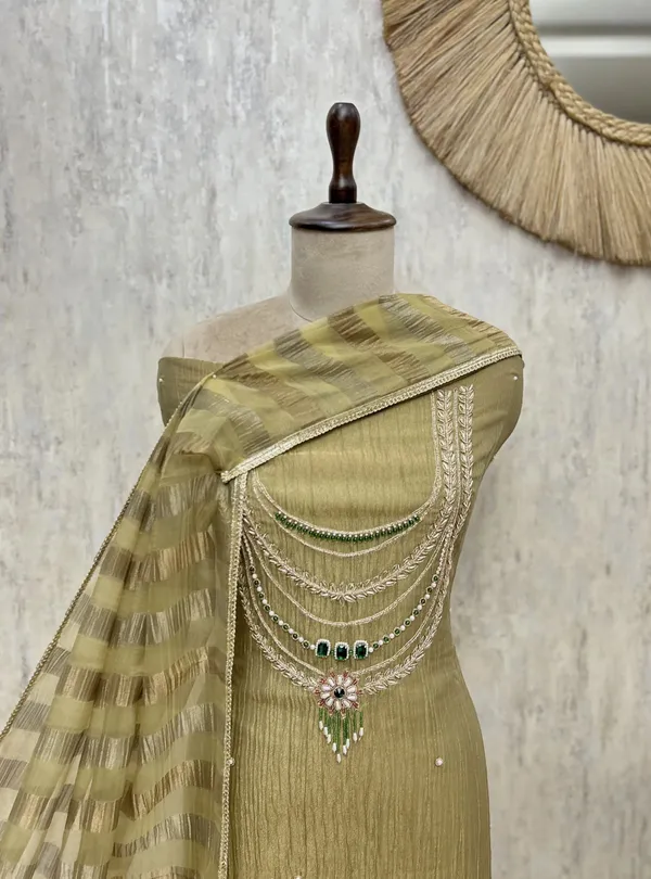 Elegant_Crush_Tissue_With_Organza_Dupatta_Unstitched_Suits_Olive_Green