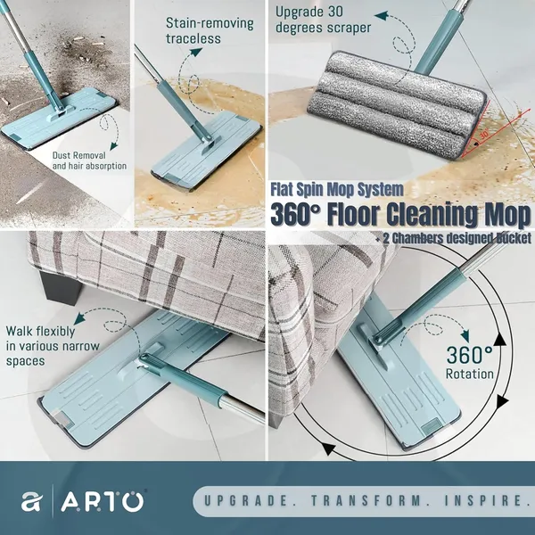 Multicolour_Arto_Bucket_Flat_Mop_With_Telescopic_Stick,_360°_Flexible_Spin_Head_With_Super_Absorbent_Microfiber_Pad_Extended_Steel_Handle_Mop_With_2_Soft_Refill_Microfiber_Pads