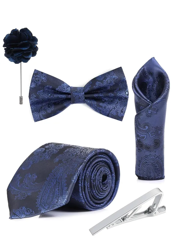 Random_Stripe_Necktie_Set_With_Bow_Tie_Pocket_Square_Lapel_Flowar_&_Lapel_Brooch_&_Cufflink_Pair_&_TiePin_(Three_Type_Combo_Box)