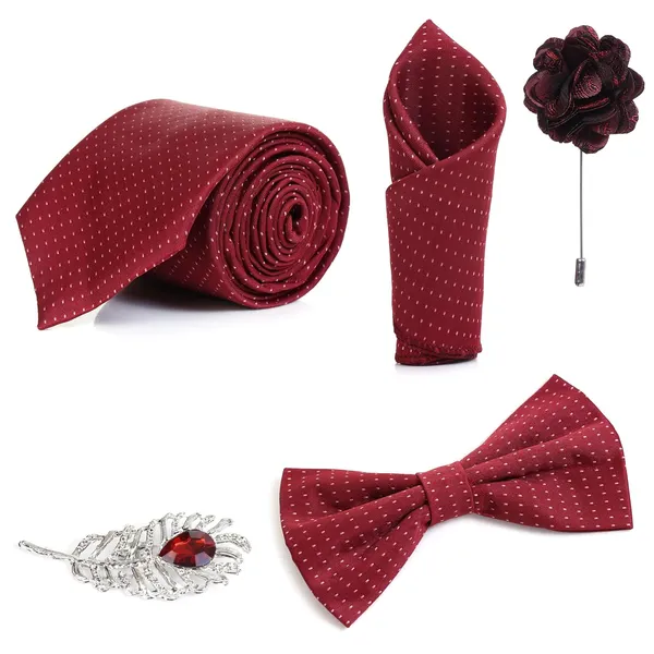 Random_Stripe_Necktie_Set_With_Bow_Tie_Pocket_Square_Lapel_Flowar_&_Lapel_Brooch_(Pack_Of_5_items)