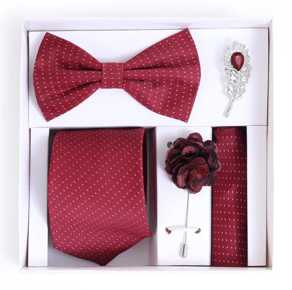 Random_Stripe_Necktie_Set_With_Bow_Tie_Pocket_Square_Lapel_Flowar_&_Lapel_Brooch_(Pack_Of_5_items)