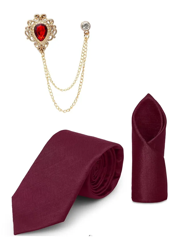 Tie_Set_For_men_Includes_necktie,_matching_pocket_square_&_stylish_crown_brooch_with_chain.
