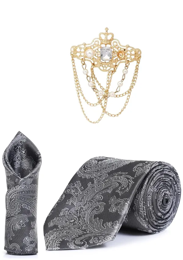 Necktie_With_Stylish_Brooch_&_Pocket_Square_Set_For_Men_(3_Item_in_the_Box)_Jacquard_Self-Design_Fabric