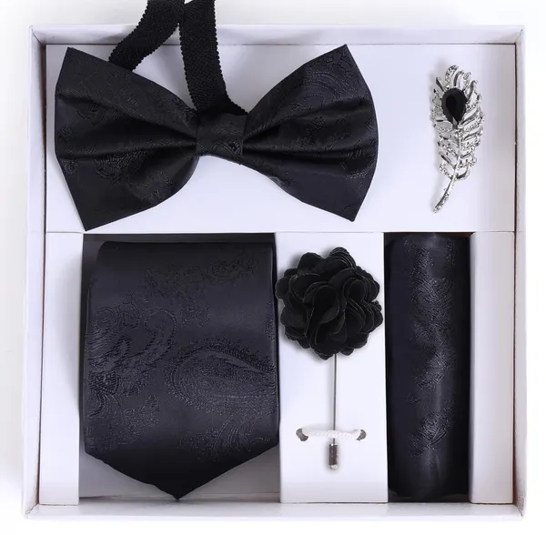 Random_Stripe_Necktie_For_Men_Set_With_Pocket_Square_&_Bow_Tie_Lapel_Pin_Flowar_Pack_of_5