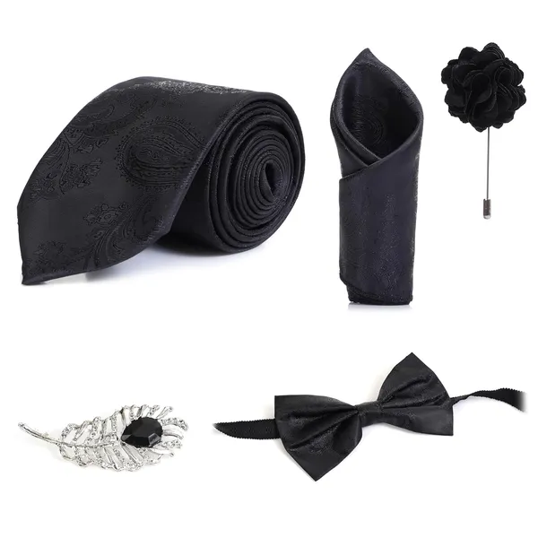 Random_Stripe_Necktie_For_Men_Set_With_Pocket_Square_&_Bow_Tie_Lapel_Pin_Flowar_Pack_of_5
