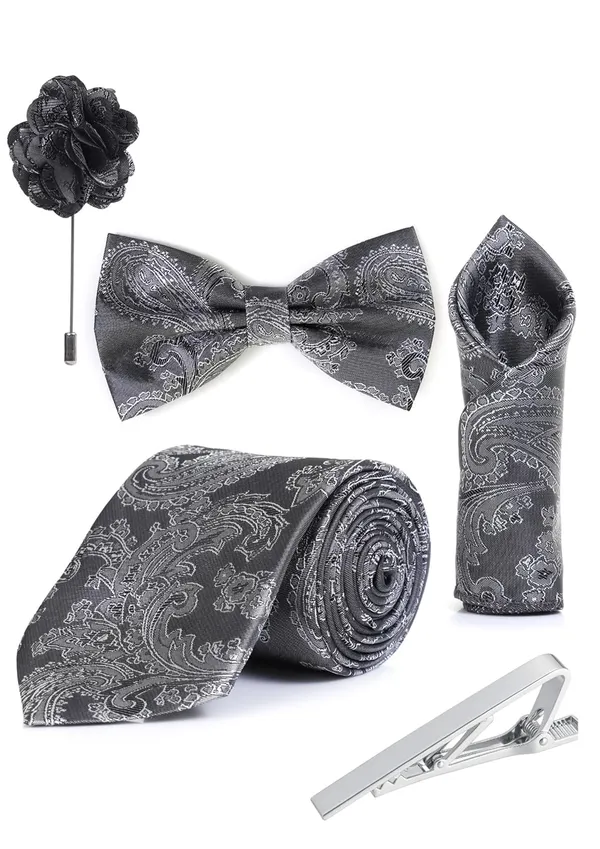 Random_Stripe_Necktie_Set_For_Men_With_Bow_Tie_Lapel_Flowar_&_TiePin_Jacquard_Self-Design_Combo_With_Stylish_Box_Pack_Of_5