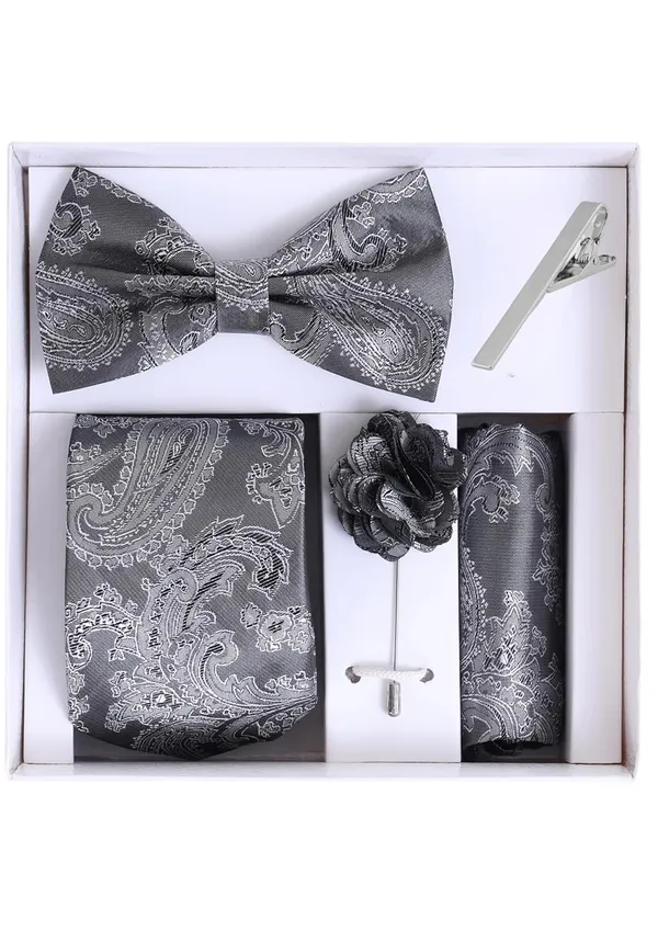 Random_Stripe_Necktie_Set_For_Men_With_Bow_Tie_Lapel_Flowar_&_TiePin_Jacquard_Self-Design_Combo_With_Stylish_Box_Pack_Of_5