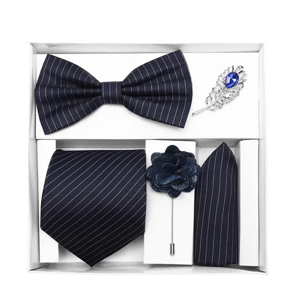 Random_Stripe_Necktie_Set_With_Bow_Tie_Pocket_Square_Lapel_Pin_Flowar_&_Brooch_(Pack_of_5)
