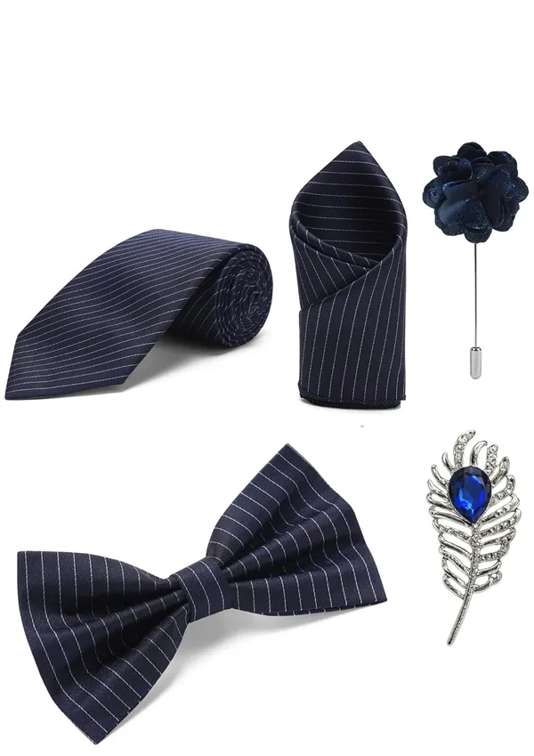 Random_Stripe_Necktie_Set_With_Bow_Tie_Pocket_Square_Lapel_Pin_Flowar_&_Brooch_(Pack_of_5)