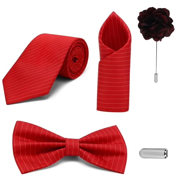 Random_Stripe_Necktie_Set_With_Bow_Tie_Pocket_Square_Lapel_Pin_Flowar_&_Brooch_(Pack_of_5)