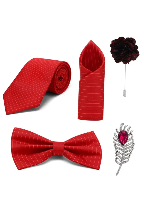 Random_Stripe_Necktie_Set_With_Bow_Tie_Pocket_Square_Lapel_Pin_Flowar_&_Brooch_(Pack_of_5)
