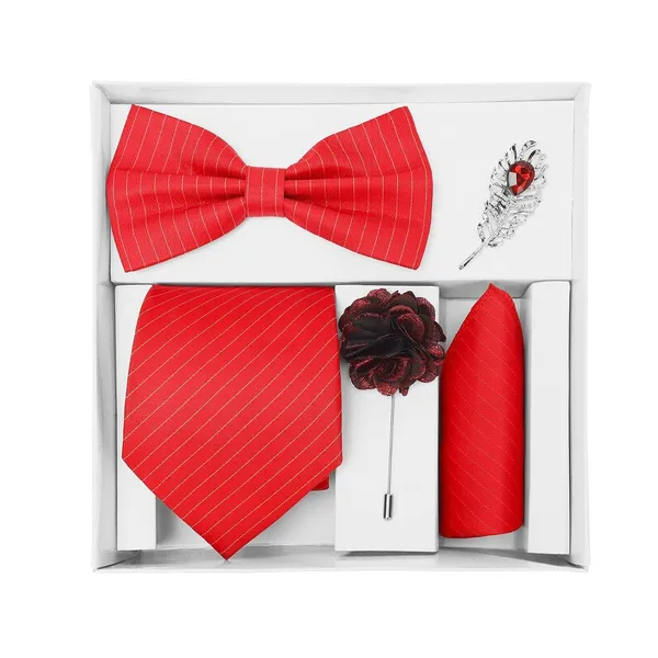 Random_Stripe_Necktie_Set_With_Bow_Tie_Pocket_Square_Lapel_Pin_Flowar_&_Brooch_(Pack_of_5)