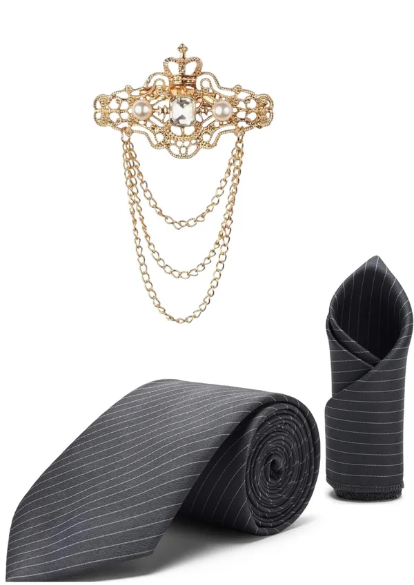 Necktie_For_Men_Complete_Style_Set_�_Includes_1_premium_satin_necktie,_1_matching_pocket_square,_and_1_elegant_crown_brooch_with_chain.