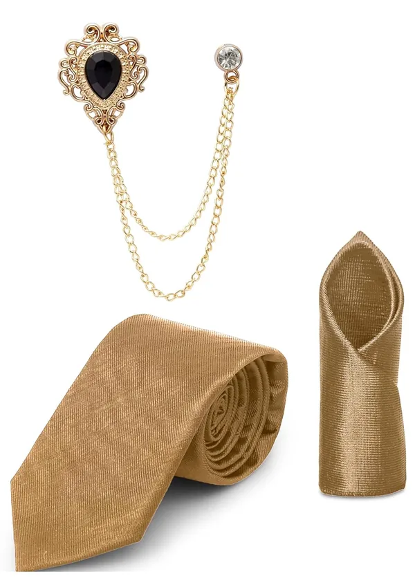 Tie_Set_For_men_Includes_necktie,_matching_pocket_square_&_stylish_crown_brooch_with_chain.