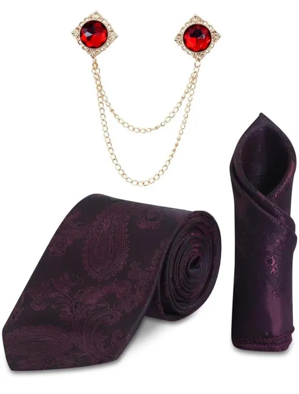 Random_Stripe_Necktie_Set_With_Pocket_Square_&_Double_Chain_Stylish_Brooch_(3_items_in_Box)_Jacquard_Self-Design_Fabric
