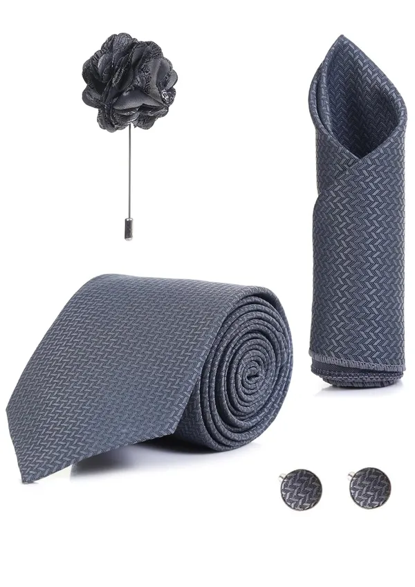 Random_Stripe_Necktie_Set_With_Pocket_Square_Lapel_Pin_Flowar_&_Cufflink_Pair_Pack_Of_4_Ficro_Fiber_Self-Design