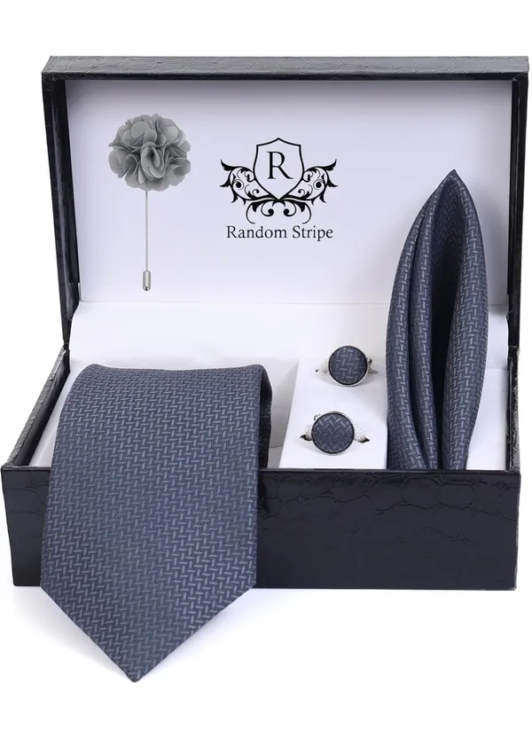 Random_Stripe_Necktie_Set_With_Pocket_Square_Lapel_Pin_Flowar_&_Cufflink_Pair_Pack_Of_4_Ficro_Fiber_Self-Design