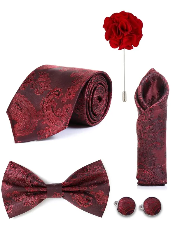Random_Stripe_Necktie_Set_With_Bow_Tie_Pocket_Square_Lapel_Flowar_&_Lapel_Brooch_&_Cufflink_Pair_&_TiePin_(Three_Type_Combo_Box)
