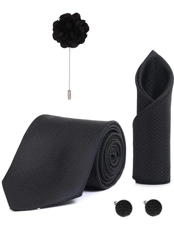 Random_Stripe_Necktie_Set_With_Pocket_Square_Lapel_Pin_Flowar_&_Cufflink_Pair_Pack_Of_4_Ficro_Fiber_Self-Design