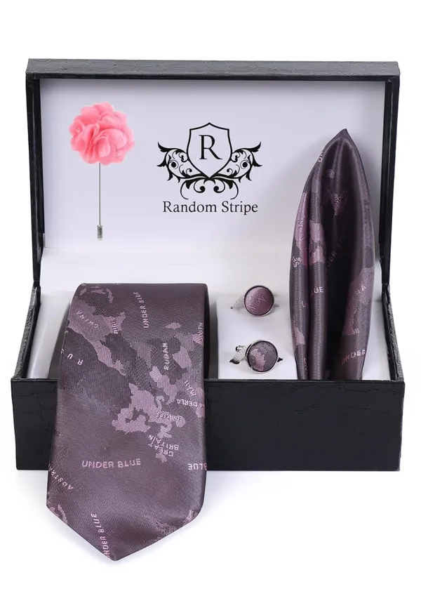 Random_Stripe_Necktie_Set_For_Men_With_Pocket_Square_Lapel_Pin_Flowar_&_Cufflink_Pair_With_Gifted_Box_(4_items_in_Box)