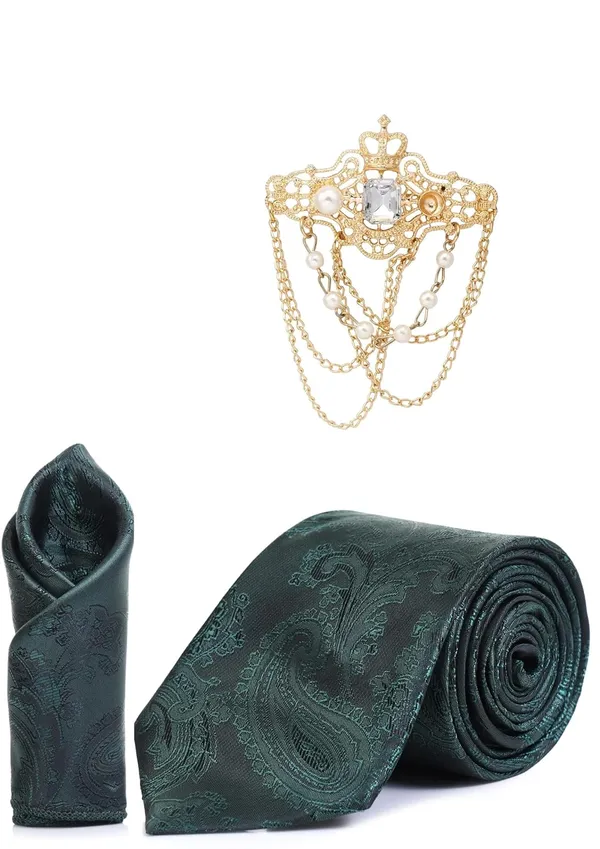 Necktie_With_Stylish_Brooch_&_Pocket_Square_Set_For_Men_(3_Item_in_the_Box)_Jacquard_Self-Design_Fabric