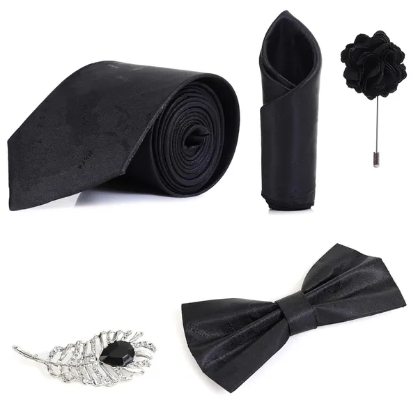 Random_Stripe_Necktie_Set_For_Men_With_Bow_Tie_&_Pocket_Square_Lapel_Pin_Flowar_(Pack_of_5)