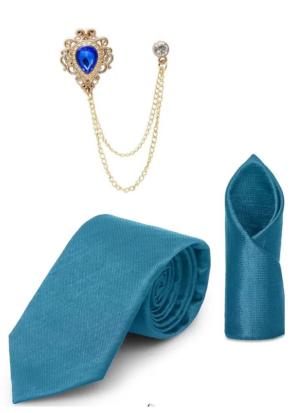 Tie_Set_For_men_Includes_necktie,_matching_pocket_square_&_stylish_crown_brooch_with_chain.