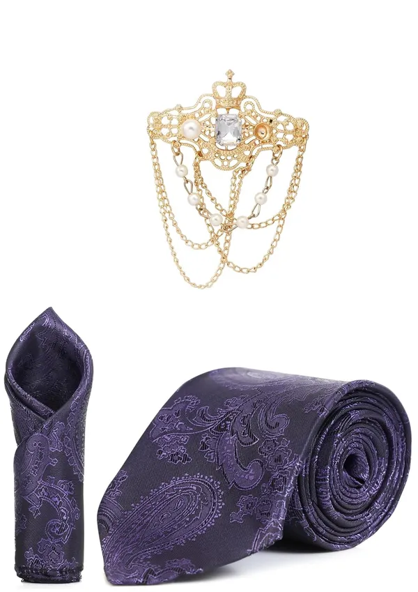 Necktie_With_Stylish_Brooch_&_Pocket_Square_Set_For_Men_(3_Item_in_the_Box)_Jacquard_Self-Design_Fabric