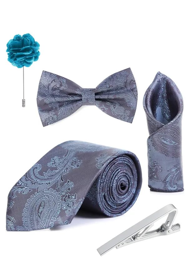 Random_Stripe_Necktie_Set_For_Men_With_Bow_Tie_Lapel_Flowar_&_TiePin_Jacquard_Self-Design_Combo_With_Stylish_Box_Pack_Of_5