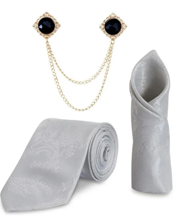 Random_Stripe_Necktie_Set_With_Pocket_Square_&_Double_Chain_Stylish_Brooch_(3_items_in_Box)_Jacquard_Self-Design_Fabric