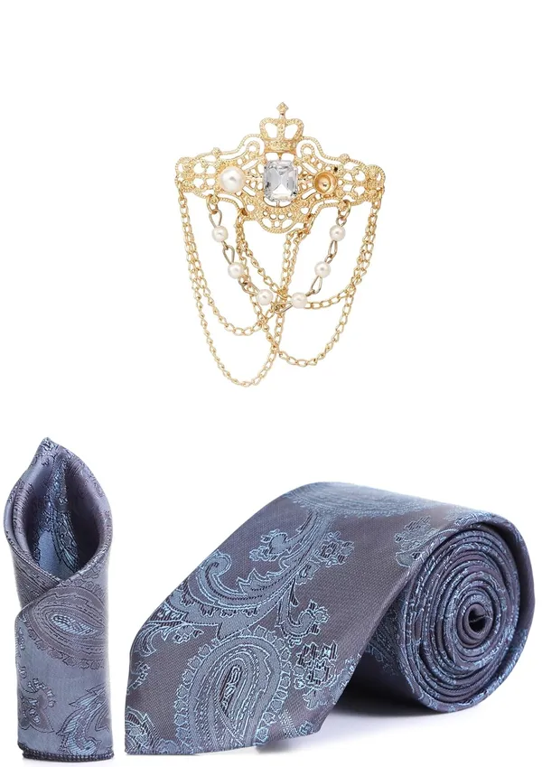 Necktie_With_Stylish_Brooch_&_Pocket_Square_Set_For_Men_(3_Item_in_the_Box)_Jacquard_Self-Design_Fabric