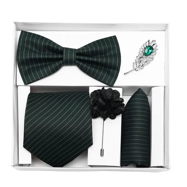 Random_Stripe_Necktie_Set_With_Bow_Tie_Pocket_Square_Lapel_Pin_Flowar_&_Brooch_(Pack_of_5)