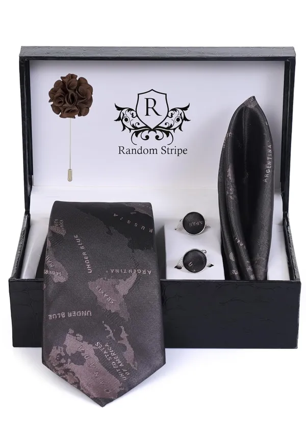 Random_Stripe_Necktie_Set_For_Men_With_Pocket_Square_Lapel_Pin_Flowar_&_Cufflink_Pair_With_Gifted_Box_(4_items_in_Box)