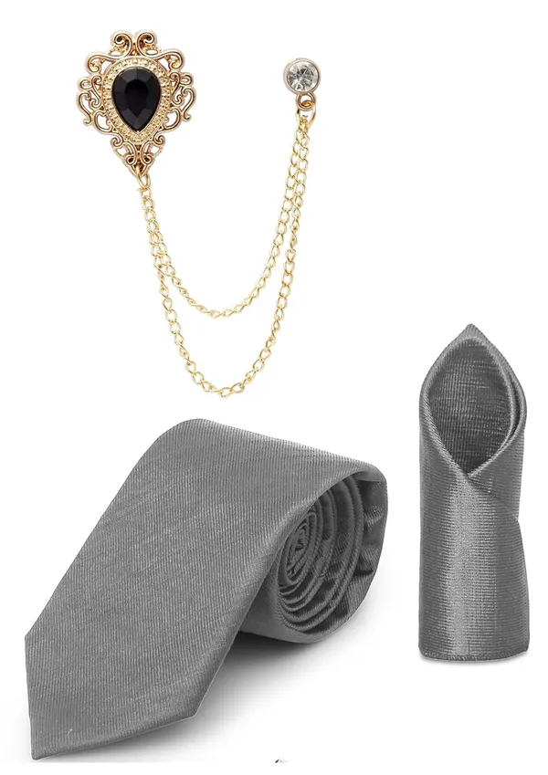Tie_Set_For_men_Includes_necktie,_matching_pocket_square_&_stylish_crown_brooch_with_chain.
