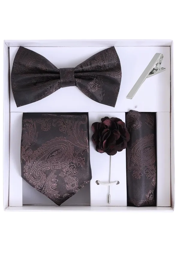 Random_Stripe_Necktie_Set_For_Men_With_Bow_Tie_Lapel_Flowar_&_TiePin_Jacquard_Self-Design_Combo_With_Stylish_Box_Pack_Of_5
