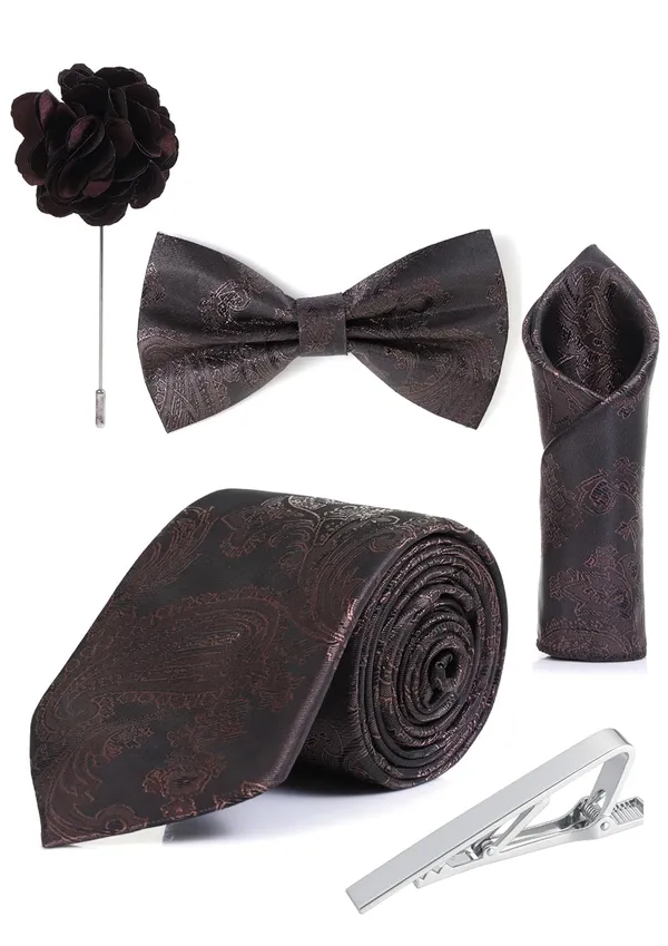 Random_Stripe_Necktie_Set_For_Men_With_Bow_Tie_Lapel_Flowar_&_TiePin_Jacquard_Self-Design_Combo_With_Stylish_Box_Pack_Of_5
