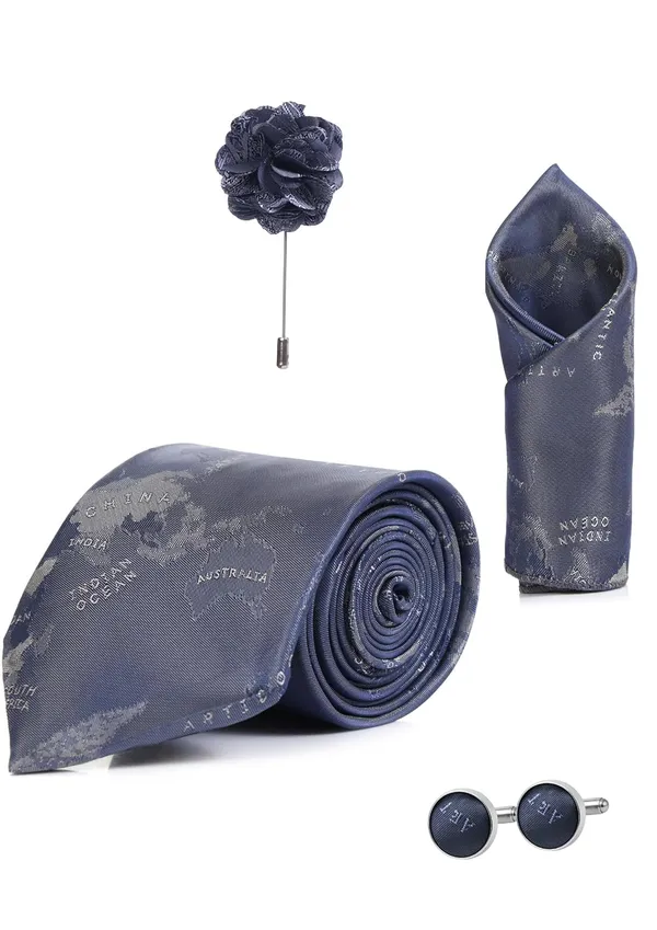 Random_Stripe_Necktie_Set_For_Men_With_Pocket_Square_Lapel_Pin_Flowar_&_Cufflink_Pair_With_Gifted_Box_(4_items_in_Box)