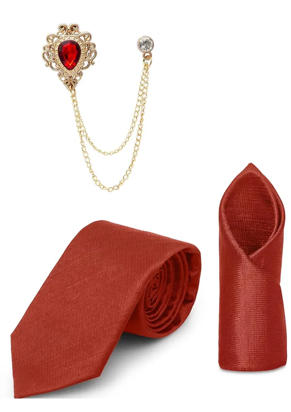 Tie_Set_For_men_Includes_necktie,_matching_pocket_square_&_stylish_crown_brooch_with_chain.